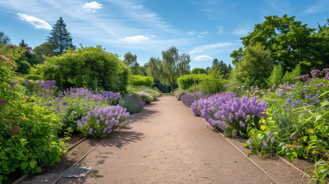Pathway to Serenity: Blooming Lilac Bushes Lining Sun-Dappled Garden Path, Fragrant Spring Flowers, Tranquil Nature Walk, Soft Focus Sunshine