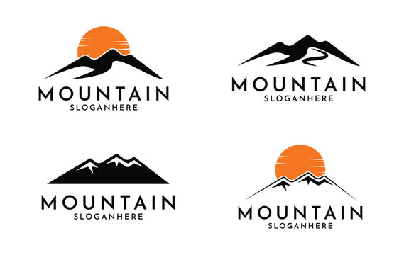 Mountain logo design concept idea, mountain and sun logo design set collection