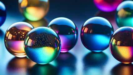 macro-shot-of-multiple-holographic-spheres-suspended-in-a-viscous-liquid-bokeh-effect-in-the