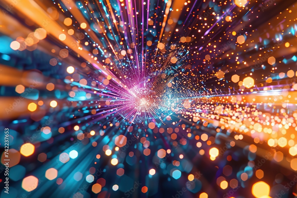 Poster colorful explosion of digital pixels in light pattern. perspective. abstract virtual cyberspace data
