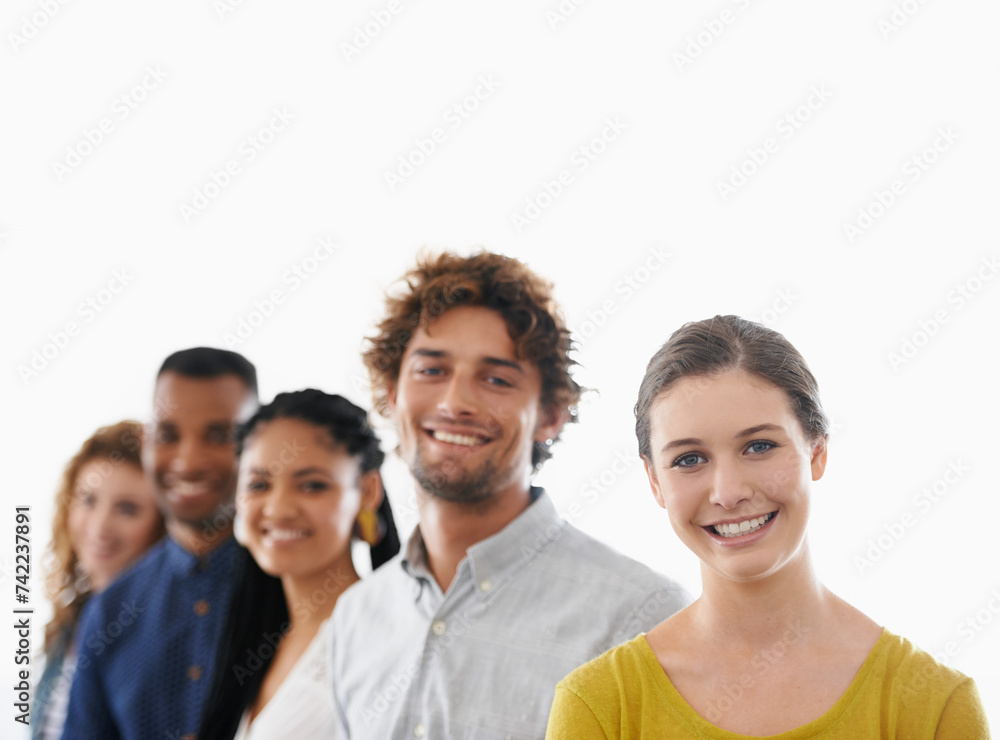 Sticker Smile, portrait and team of business people in studio with mockup space for collaboration. Happy, pride and group of young colleagues with positive, good and confident attitude by white background.