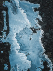 Abstract forms of ice on a river during the winter.