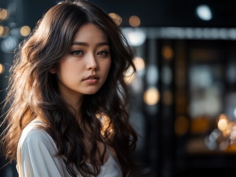 Beautiful young Asian woman with long wavy hair wearing a white t-shirt on a bokeh background