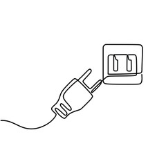 Obraz premium Continuous line art drawing of a plug inserted into an electric outlet in a minimalist black linear design. Isolated on a white background. Vector illustration electrical socket.