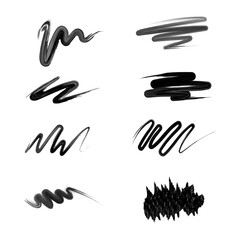 Brush paint strokes. Texture brushes and modern grunge brush lines. Ink brush artistic design element for frame design. Vector isolated elements set. Grungy black swatches. Rough smears and stains