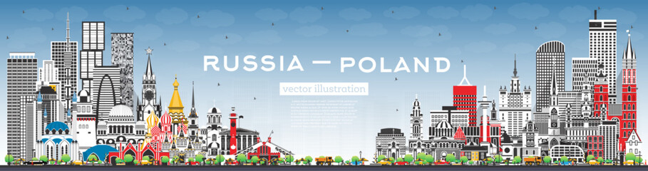 Russia and Poland skyline with gray buildings and blue sky. Famous landmarks. Poland and Russia concept. Diplomatic relations between countries. - obrazy, fototapety, plakaty