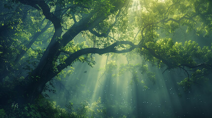 Enchanted Forest Canopy: Ethereal Sun Rays Filtering Through Mist, Lush Greenery and Magical Atmosphere, High-Resolution Fantasy Forest Scene - obrazy, fototapety, plakaty