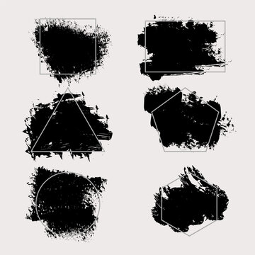 Brush paint strokes. Texture brushes and modern grunge brush lines. Ink brush artistic design element for frame design. Vector isolated elements set. Grungy black swatches. Rough smears and stains
