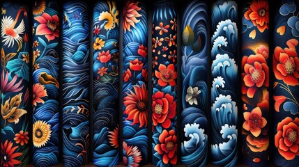 Seamless traditional ethnic wallpaper adorned with bold floral patterns in vibrant primary colors - obrazy, fototapety, plakaty