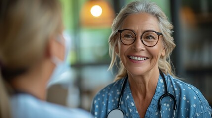 With a gentle smile an audiologist explains the results of a hearing test to a senior offering suggestions for improving auditory health and maintaining a fulfilling retirement. - obrazy, fototapety, plakaty