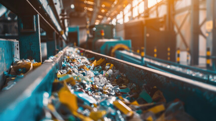 A close up of a recycling machine sorting plastic waste in a recycling factory