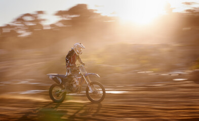Motion blur, race and man on off road motorbike with adventure, adrenaline and speed in...