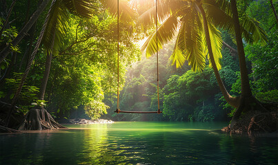 Tropical palm forest scene, perfect for dreamers of exotic travels, with swings hanging by the...