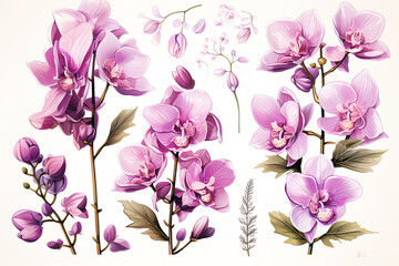 Picture draw by watercolor purple Orchid watercolor flower on white background. Background Abstract Texture. Realistic clipart template pattern. For fabric texture design. work of art.