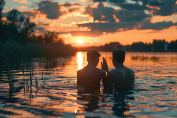 Baptism. Portrait of two young man praying in the water at sunset