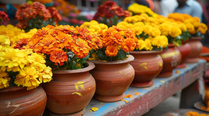 Fototapeta na wymiar A display of vibrant clay pots filled with bright yellow and orange marigold flowers believed to attract positive energy and luck during the auious Festival of Lights.