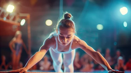 Foto op Plexiglas Focused Female Gymnast Performing Balance Beam Routine Under Dramatic Stage Lighting, Athletic Dedication and Concentration in Gymnastics, High-Resolution Competitive Sport Image © AIRina