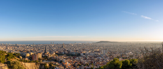 Panorama of Barcelona in Catalonia, Spain, before sunset