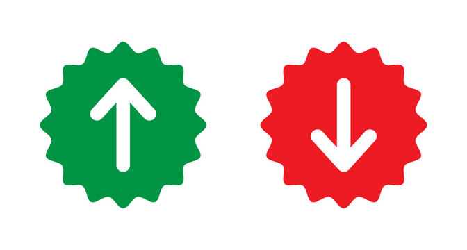Green upload and red download mark badge on white background, increase and decrease vector symbol
