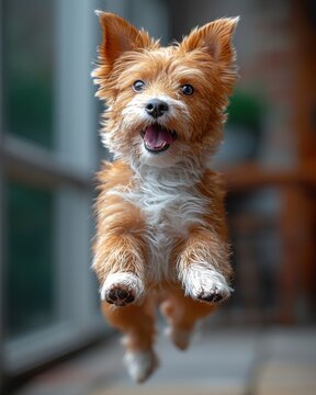 Portrait of a cute little Jack Russell Terrier dog jumping in the air.