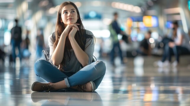 A woman with a backpack sits crosslegged on the floor her hand resting on her chin as she stares off into the airport crowds.