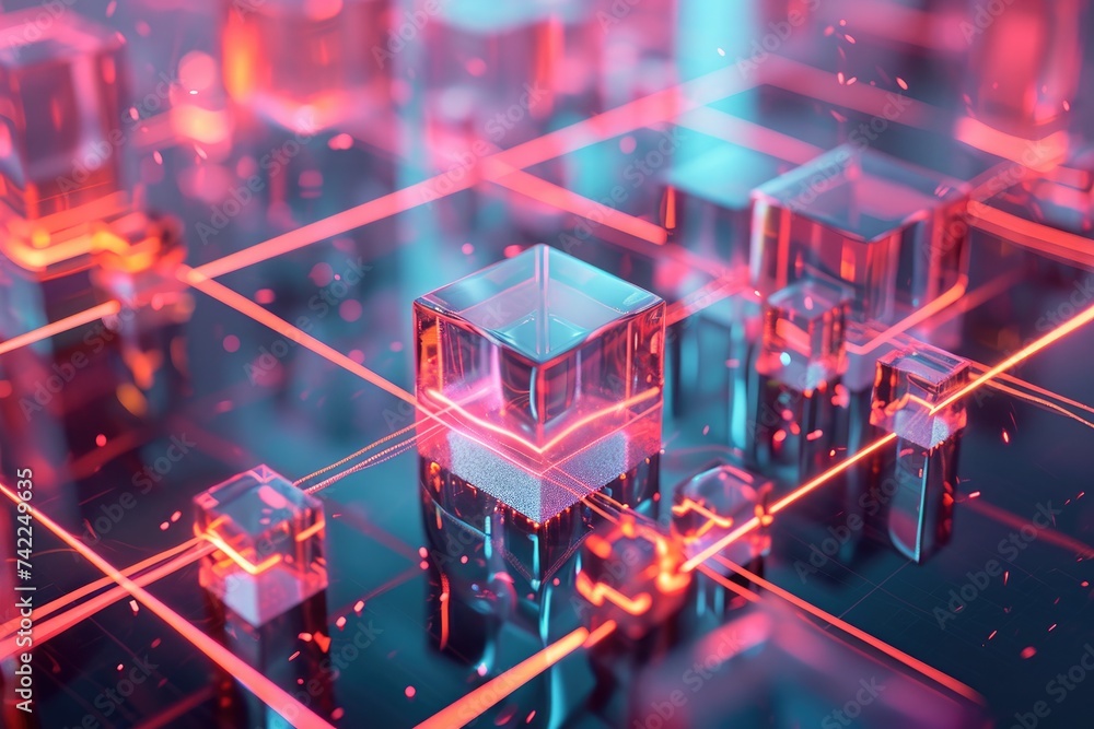 Poster 3d image of building surrounded by cubes, an abstract view of transparent digital blocks connected t