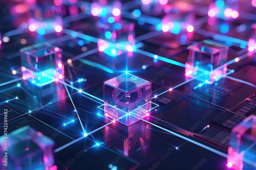 Poster computer processor surrounded by glowing cubes, an abstract view of transparent digital blocks conne