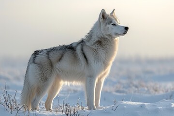 Portrait of a beautiful white and gray wolf in the snowy field