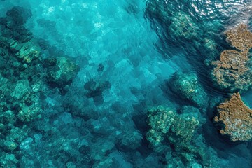 Aerial View of a Coral Reef in the Ocean, An aerial view of coral reefs under sparkling turquoise sea water, AI Generated