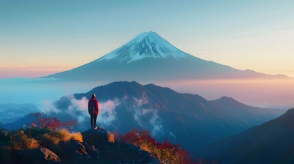 Person Silhouetted at Sunset Overlooking Mount Fuji