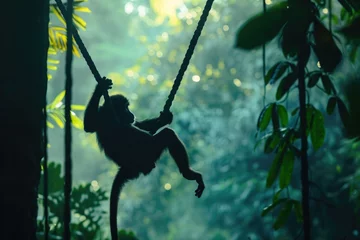 Fotobehang A monkey is seen swinging energetically on a rope amidst dense vegetation in the jungle, An agile monkey swinging on vines in a lush jungle, AI Generated © Ifti Digital