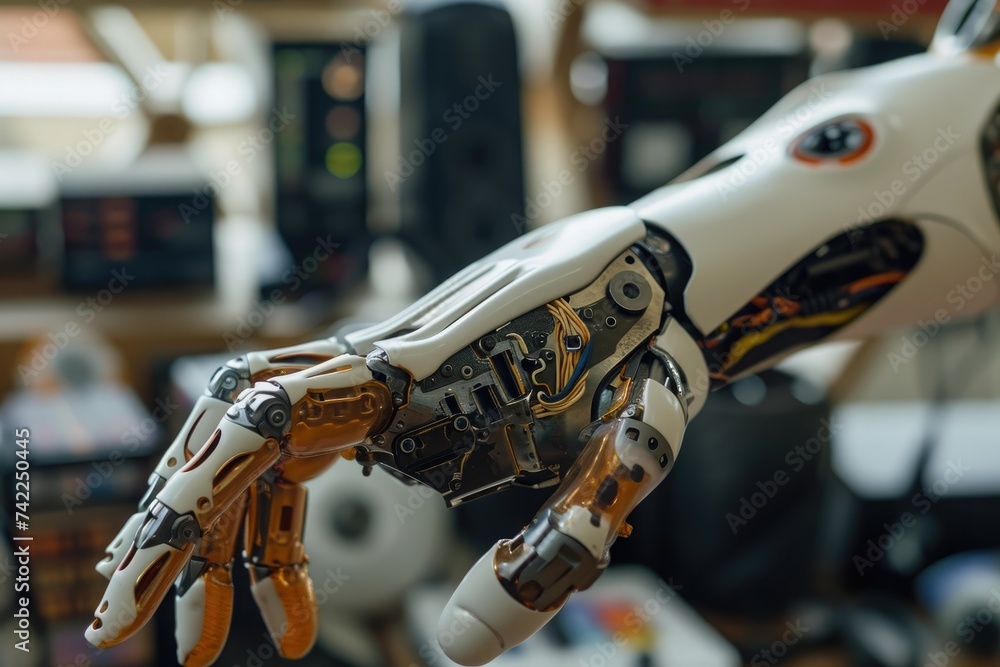 Poster a robotic hand holds an object in a room, showcasing advanced technology and robotics in action, an 