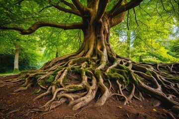 A towering tree with incredibly large roots dominates the scene in the midst of a dense forest, An ancient tree with large, twisted roots, AI Generated - obrazy, fototapety, plakaty