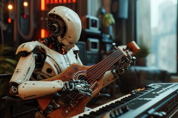 Robot Playing Guitar Next to Keyboard, An android playing an ancient human wooden instrument in a...