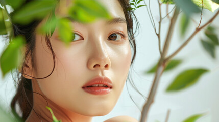 asian woman skincare concept with leaf foliage background