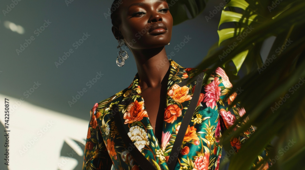 Poster a statement blazer featuring a dramatic and eyecatching abstract floral print adding a touch of soph