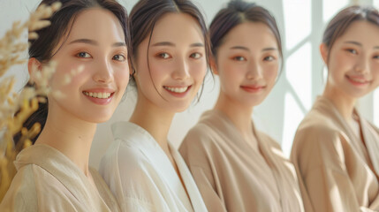 Fototapeta premium Beauty image of a group of middle aged Japanese women wearing natural color outfits Skin care Cosmetics