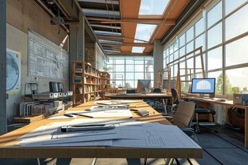 An image of a spacious room filled with numerous books and desks, showcasing a study or library setting, An architect's design studio showcasing advanced construction software, AI Generated