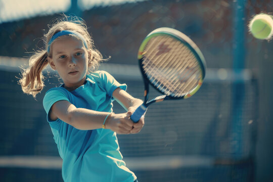 close view of a Tennis little girl player hitting a forehand shot