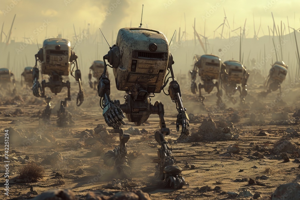 Poster a collection of various robots surrounded by dirt and soil, engaging in different activities, an arm