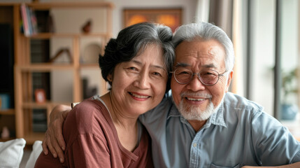 Portrait of couple of happy mature asian people in love hugging and looking at the camera smiling and having fun at home. Two cute seniors enjoying indoors together.