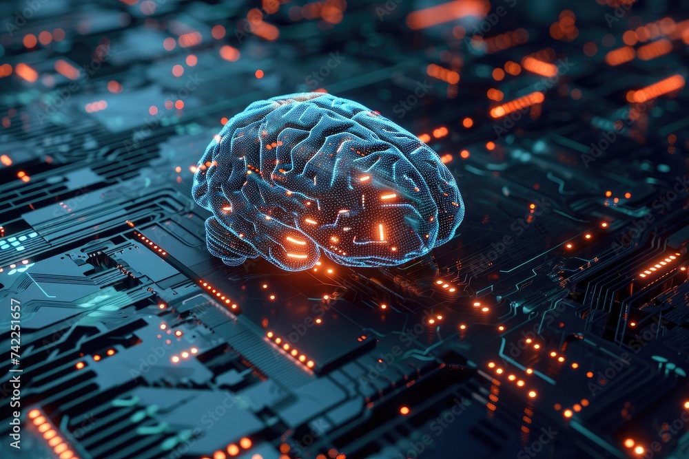 Aufkleber brain on top of circuit board, an artificial intelligence brain overlaid on a technological backgrou