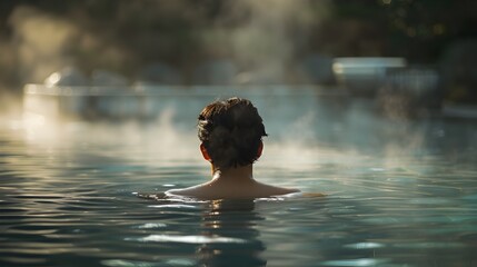 Back view of Man Relaxing in a Minimalist Spa Pool