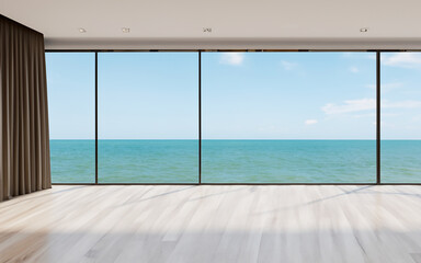 Sea view empty living room modern style, Big white wall background in vacation room - obrazy, fototapety, plakaty