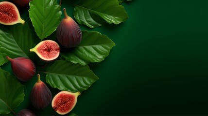 Figs fruit and leaves on green color background.