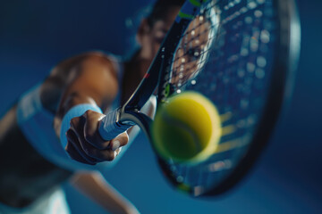 Naklejka premium close view of a Tennis woman player hitting a forehand shot