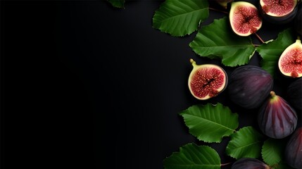 Figs fruit and leaves on a black color background.