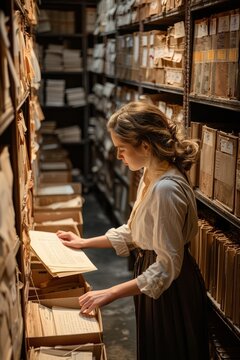 Businesswoman archiving old documents and records in storage boxes, illustrating the process of document retention and archival for regulatory compliance, Generative AI