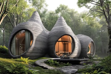 Two small houses nestled amidst a forest landscape, surrounded by trees and foliage, An artist's realistic representation of 3D printed homes, AI Generated - Powered by Adobe