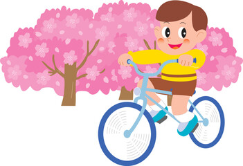桜と自転車に乗る男の子
